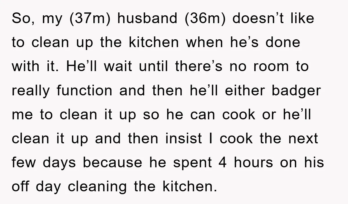 So, my (37m) husband (36m) doesn’t like to clean up the kitchen when he’s done with it. He’ll wait until there’s no room to really function and then he’ll either...
