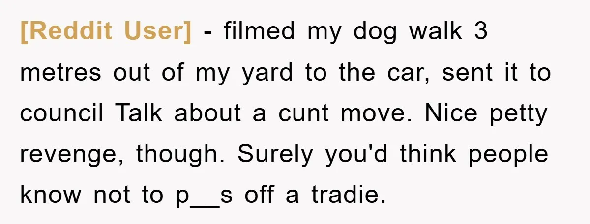 [Reddit User] − filmed my dog walk 3 metres out of my yard to the car, sent it to council Talk about a cunt move. Nice petty revenge, though. Surely...