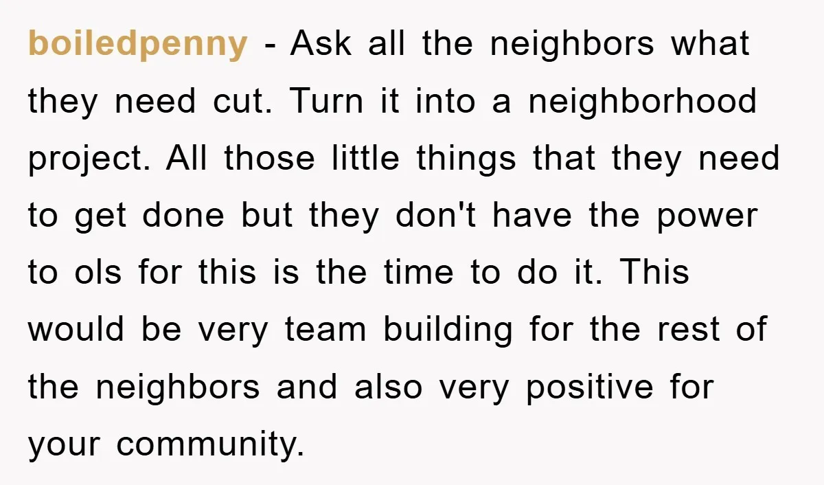 boiledpenny − Ask all the neighbors what they need cut. Turn it into a neighborhood project. All those little things that they need to get done but they don't have...
