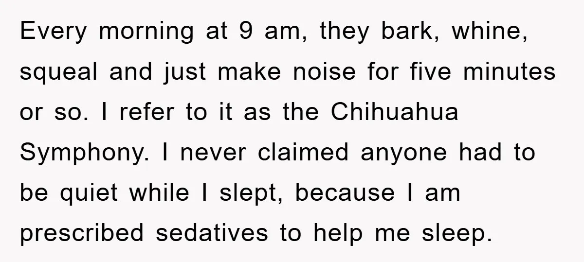 Every morning at 9 am, they bark, whine, squeal and just make noise for five minutes or so. I refer to it as the Chihuahua Symphony. I never claimed anyone...