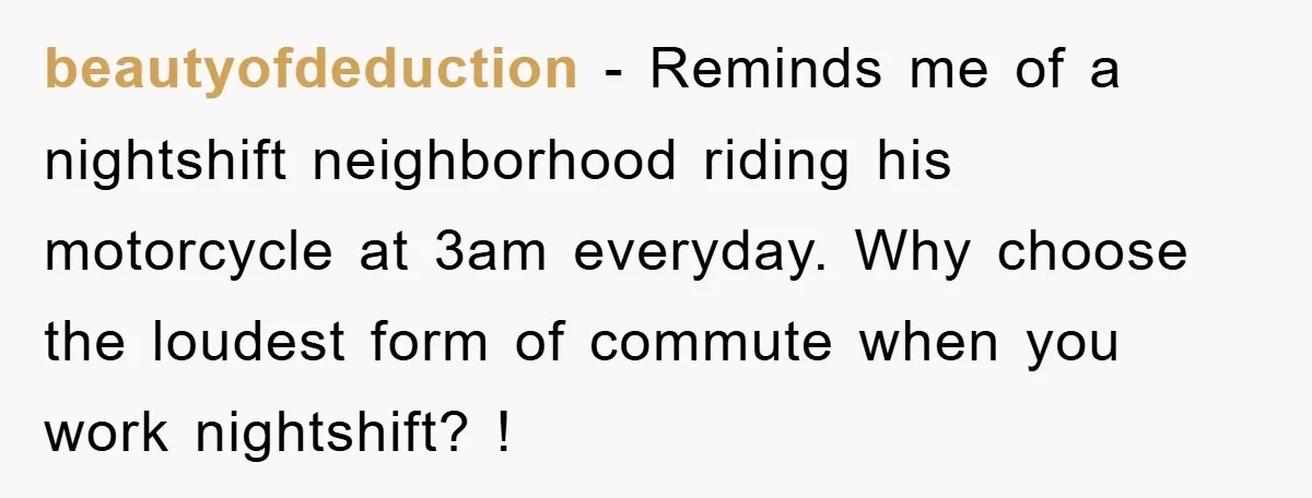 beautyofdeduction − Reminds me of a nightshift neighborhood riding his motorcycle at 3am everyday. Why choose the loudest form of commute when you work nightshift? !