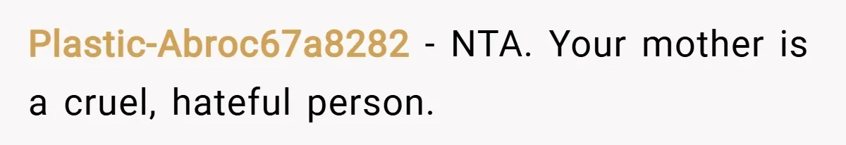 Plastic-Abroc67a8282 − NTA. Your mother is a cruel, hateful person.