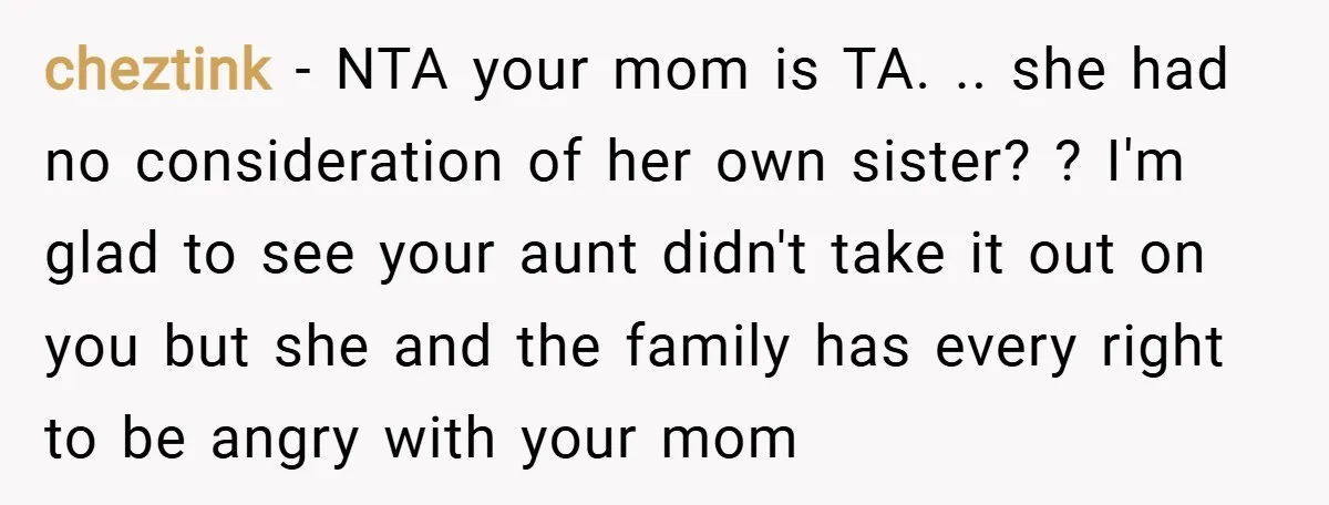 cheztink − NTA your mom is TA. .. she had no consideration of her own sister? ? I'm glad to see your aunt didn't take it out on you but...