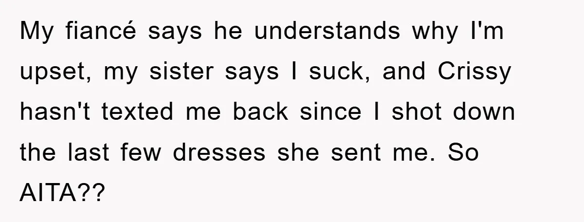 My fiancé says he understands why I'm upset, my sister says I suck, and Crissy hasn't texted me back since I shot down the last few dresses she sent me....
