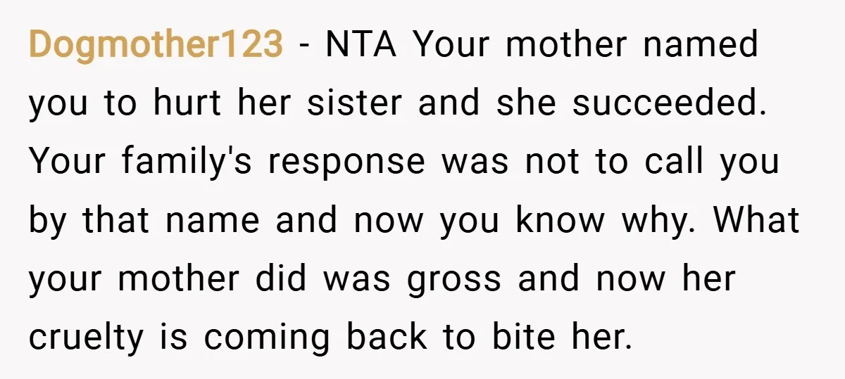 Dogmother123 − NTA Your mother named you to hurt her sister and she succeeded. Your family's response was not to call you by that name and now you know why....