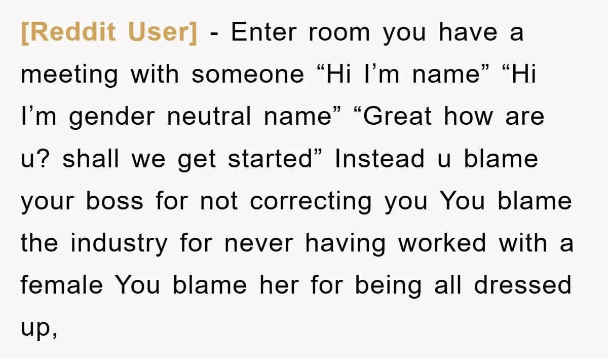 [Reddit User] - Enter room you have a meeting with someone “Hi I’m name” “Hi I’m gender neutral name” “Great how are u? shall we get started” Instead u blame...