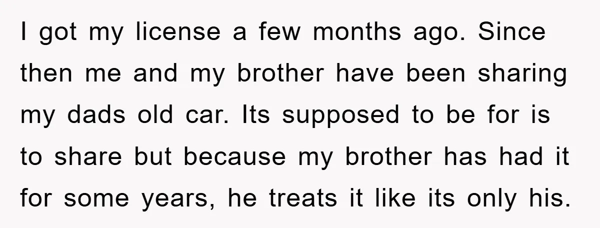 I got my license a few months ago. Since then me and my brother have been sharing my dads old car. Its supposed to be for is to share but...