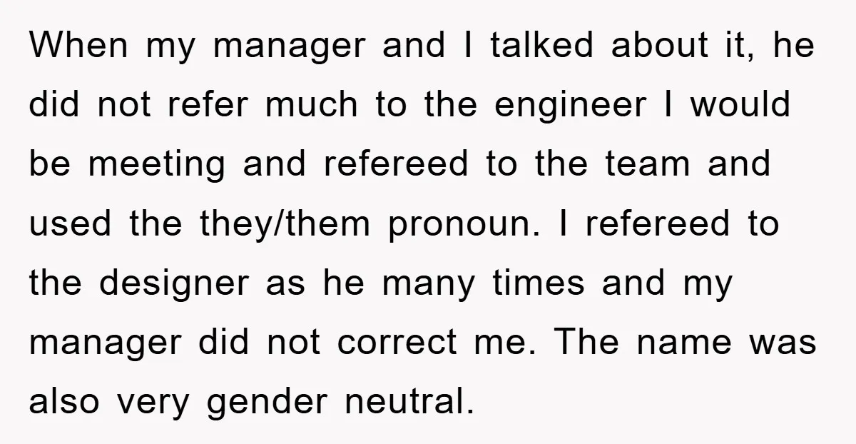 When my manager and I talked about it, he did not refer much to the engineer I would be meeting and refereed to the team and used the they/them pronoun....