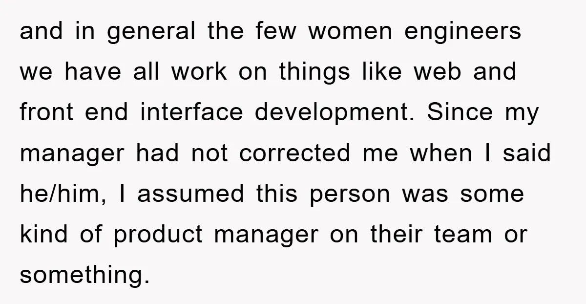 and in general the few women engineers we have all work on things like web and front end interface development. Since my manager had not corrected me when I said...