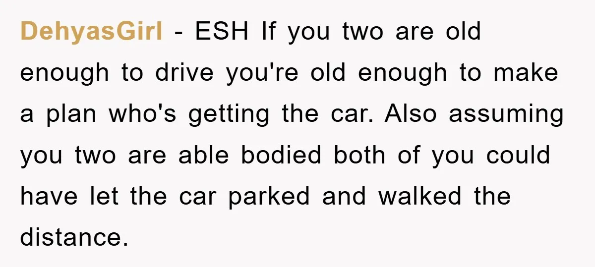 DehyasGirl − ESH If you two are old enough to drive you're old enough to make a plan who's getting the car. Also assuming you two are able bodied both...