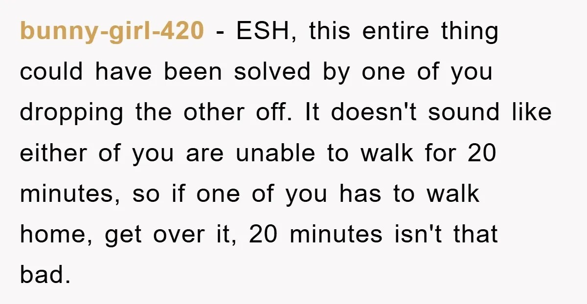 bunny-girl-420 − ESH, this entire thing could have been solved by one of you dropping the other off. It doesn't sound like either of you are unable to walk for...