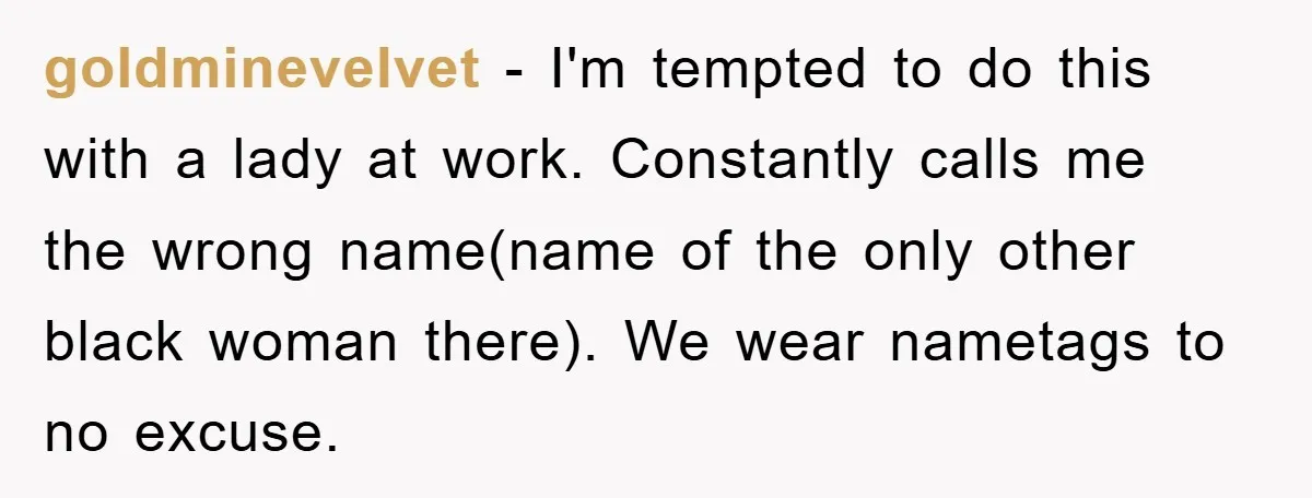 goldminevelvet − I'm tempted to do this with a lady at work. Constantly calls me the wrong name(name of the only other black woman there). We wear nametags to no...