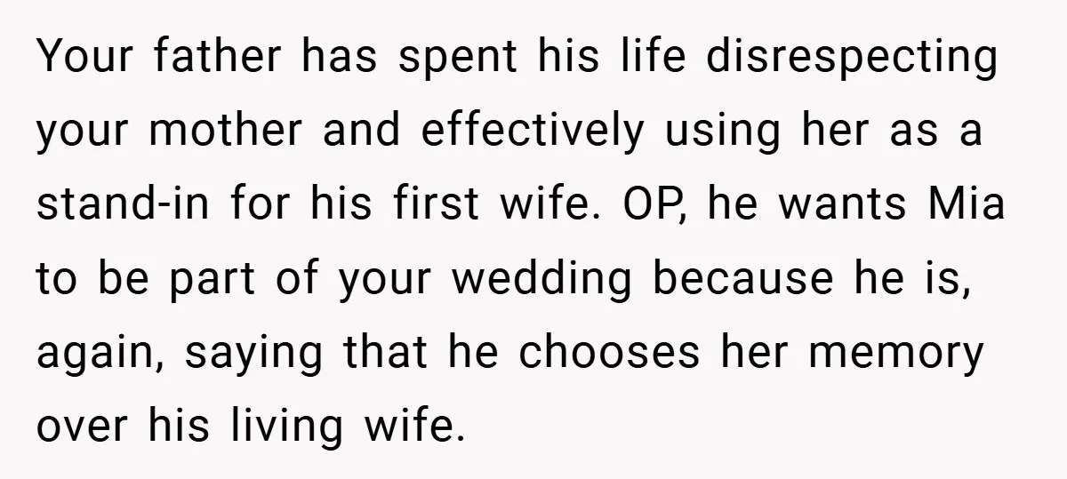 Your father has spent his life disrespecting your mother and effectively using her as a stand-in for his first wife. OP, he wants Mia to be part of your wedding...