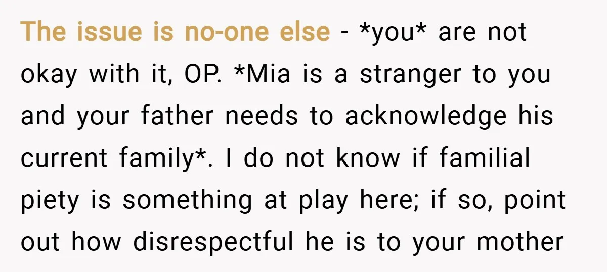 The issue is no-one else - *you* are not okay with it, OP. *Mia is a stranger to you and your father needs to acknowledge his current family*. I do...
