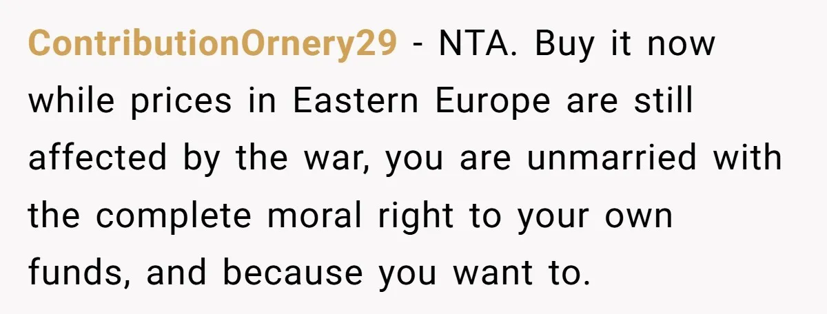 ContributionOrnery29 - NTA. Buy it now while prices in Eastern Europe are still affected by the war, you are unmarried with the complete moral right to your own funds, and...