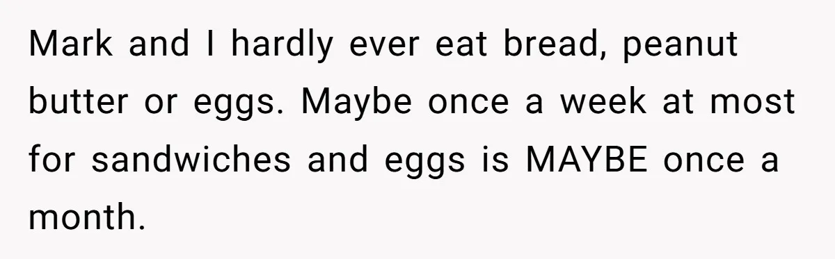 Mark and I hardly ever eat bread, peanut butter or eggs. Maybe once a week at most for sandwiches and eggs is MAYBE once a month.
