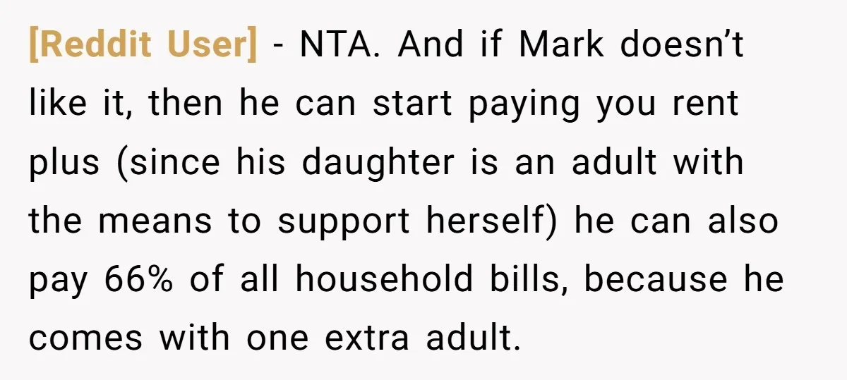 [Reddit User] − NTA. And if Mark doesn’t like it, then he can start paying you rent plus (since his daughter is an adult with the means to support herself)...