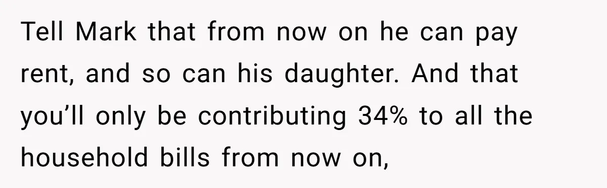 Tell Mark that from now on he can pay rent, and so can his daughter. And that you’ll only be contributing 34% to all the household bills from now on,