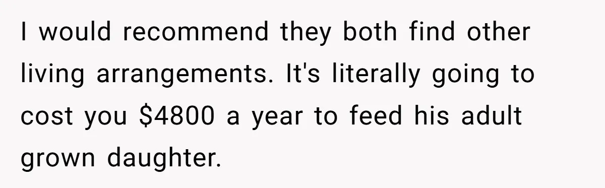 I would recommend they both find other living arrangements. It's literally going to cost you $4800 a year to feed his adult grown daughter.