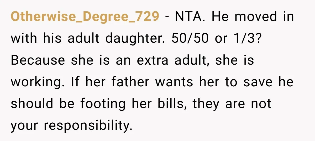 Otherwise_Degree_729 − NTA. He moved in with his adult daughter. 50/50 or 1/3? Because she is an extra adult, she is working. If her father wants her to save he...