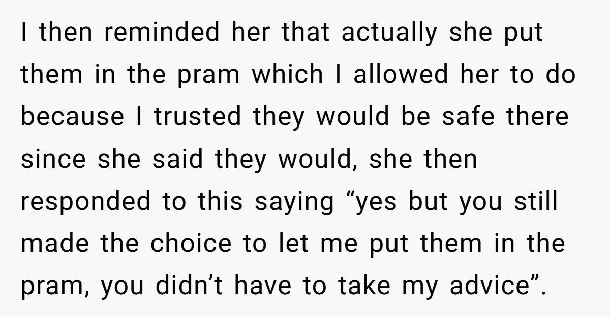 I then reminded her that actually she put them in the pram which I allowed her to do because I trusted they would be safe there since she said they...