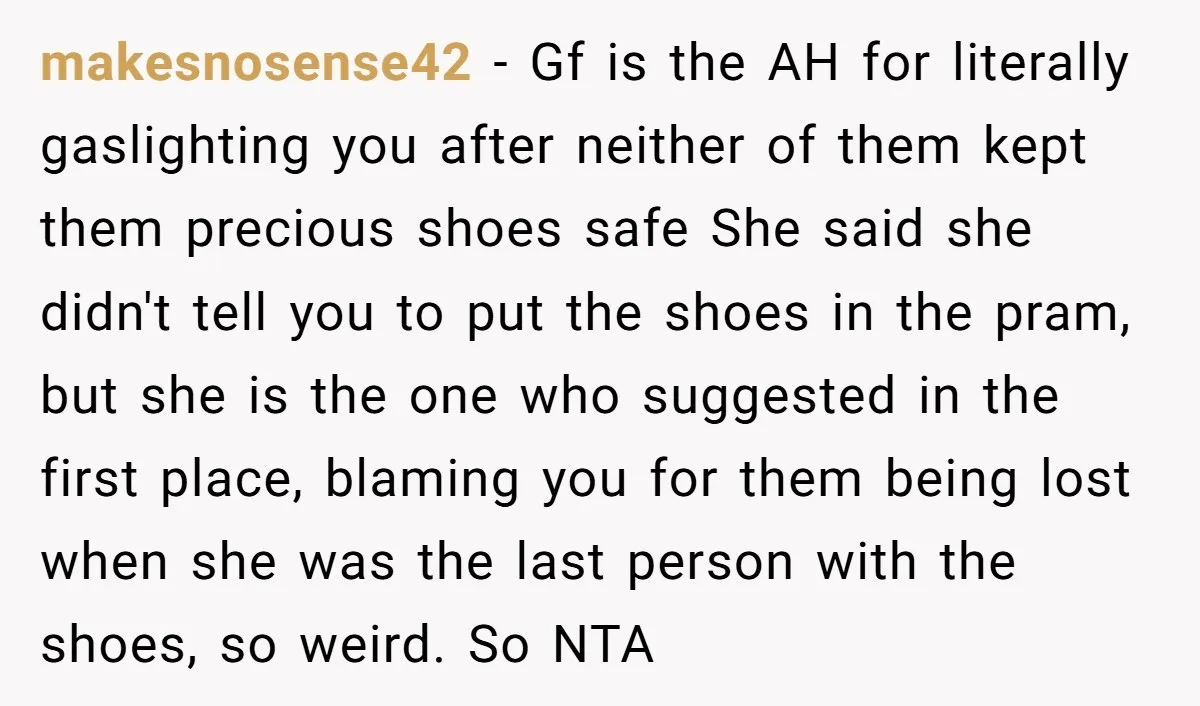 makesnosense42 − Gf is the AH for literally gaslighting you after neither of them kept them precious shoes safe She said she didn't tell you to put the shoes in...