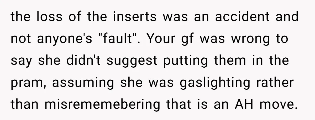 the loss of the inserts was an accident and not anyone's "fault". Your gf was wrong to say she didn't suggest putting them in the pram, assuming she was gaslighting...