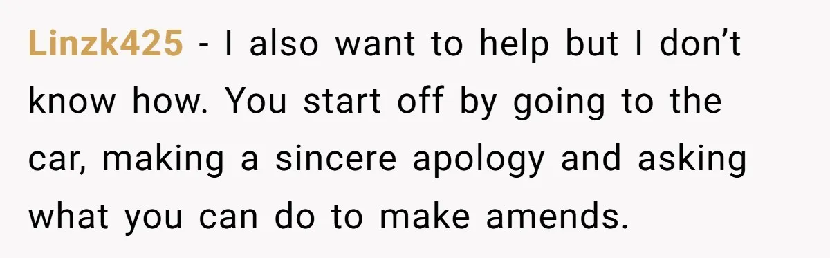 Linzk425 - I also want to help but I don’t know how. You start off by going to the car, making a sincere apology and asking what you can do...