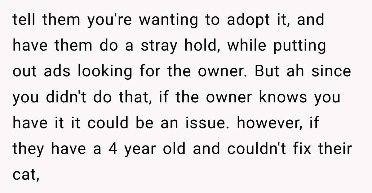 tell them you're wanting to adopt it, and have them do a stray hold, while putting out ads looking for the owner. But ah since you didn't do that, if...