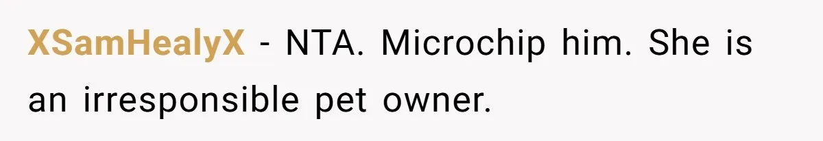 XSamHealyX − NTA. Microchip him. She is an irresponsible pet owner.