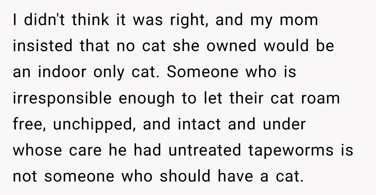I didn't think it was right, and my mom insisted that no cat she owned would be an indoor only cat. Someone who is irresponsible enough to let their cat...