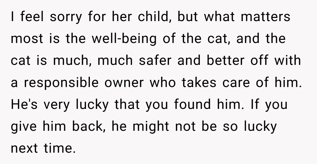 I feel sorry for her child, but what matters most is the well-being of the cat, and the cat is much, much safer and better off with a responsible owner...