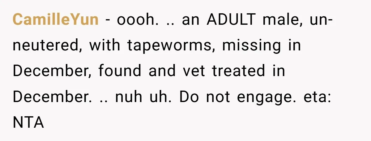 CamilleYun − oooh. .. an ADULT male, un-neutered, with tapeworms, missing in December, found and vet treated in December. .. nuh uh. Do not engage. eta: NTA