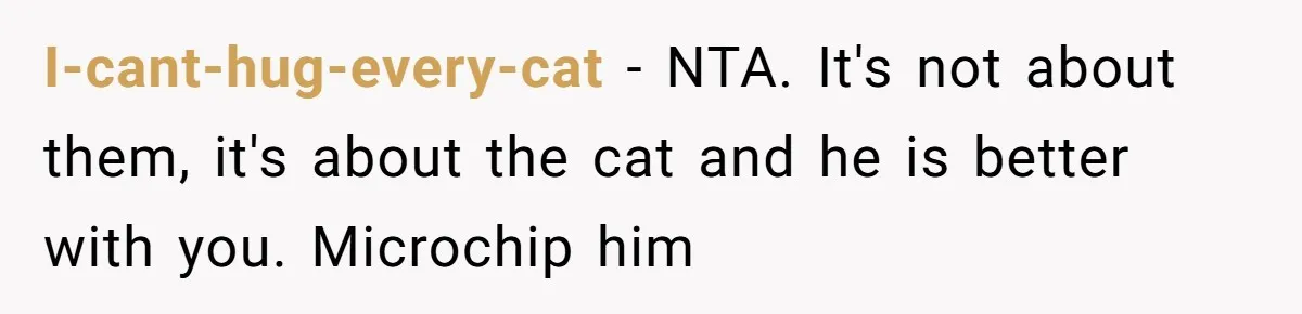 I-cant-hug-every-cat − NTA. It's not about them, it's about the cat and he is better with you. Microchip him
