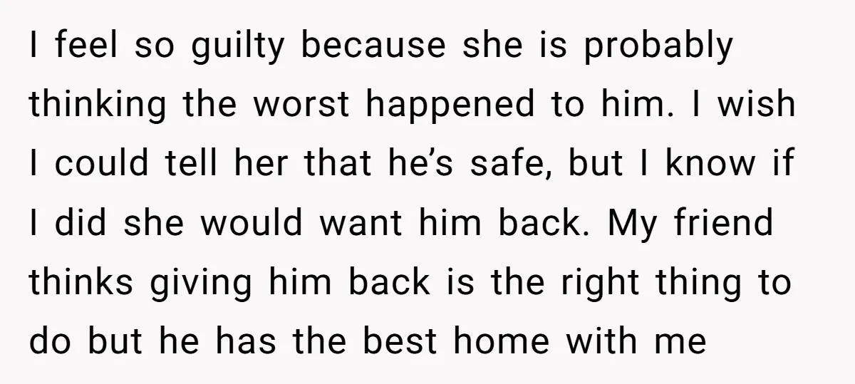 I feel so guilty because she is probably thinking the worst happened to him. I wish I could tell her that he’s safe, but I know if I did she...