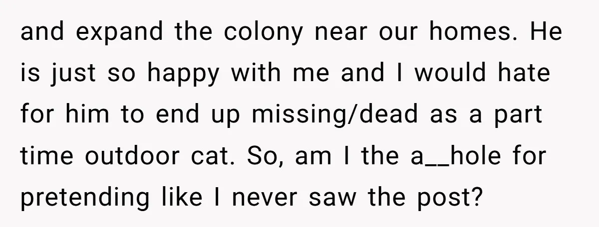and expand the colony near our homes. He is just so happy with me and I would hate for him to end up missing/dead as a part time outdoor cat....