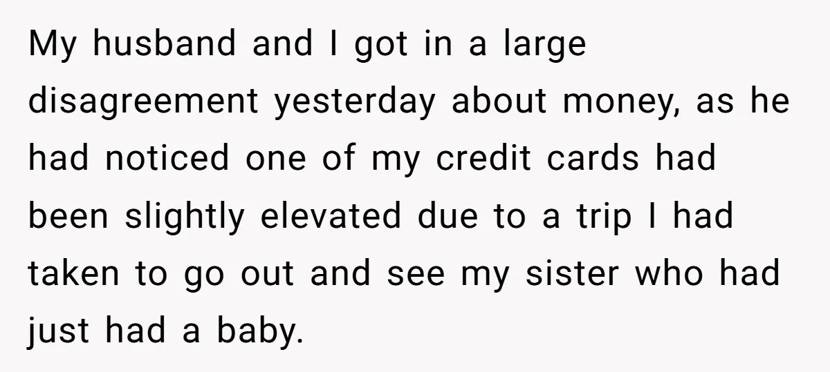 My husband and I got in a large disagreement yesterday about money, as he had noticed one of my credit cards had been slightly elevated due to a trip I...