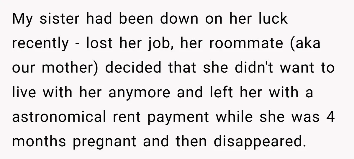 My sister had been down on her luck recently - lost her job, her roommate (aka our mother) decided that she didn't want to live with her anymore and left...