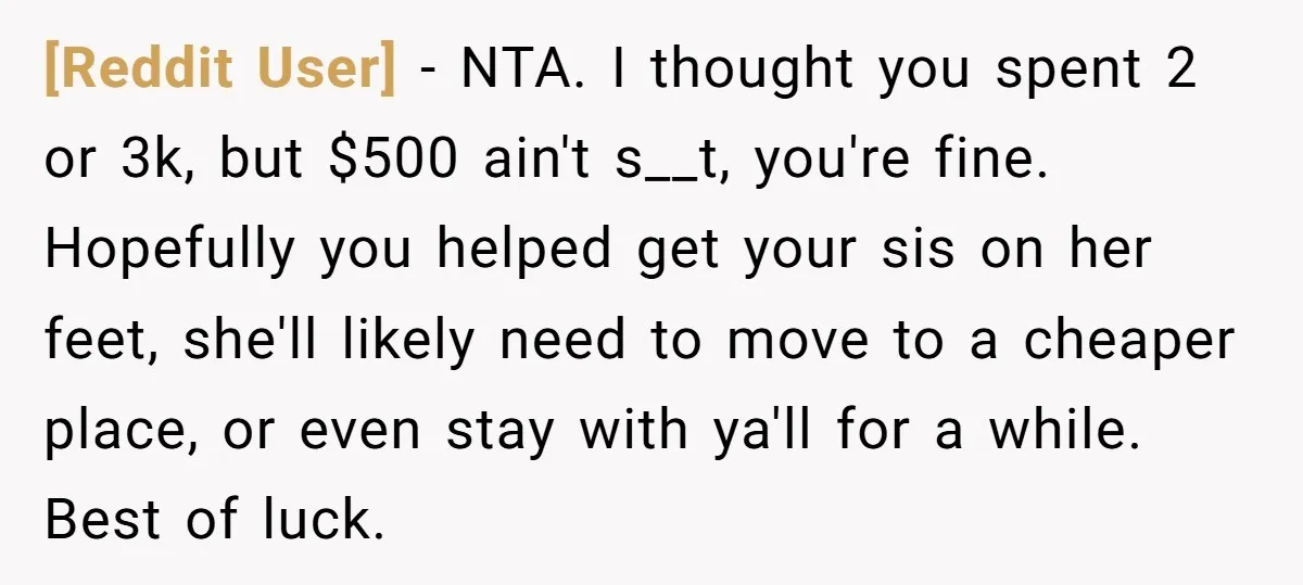[Reddit User] − NTA. I thought you spent 2 or 3k, but $500 ain't s__t, you're fine. Hopefully you helped get your sis on her feet, she'll likely need to...