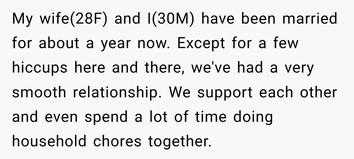 My wife(28F) and I(30M) have been married for about a year now. Except for a few hiccups here and there, we've had a very smooth relationship. We support each other...