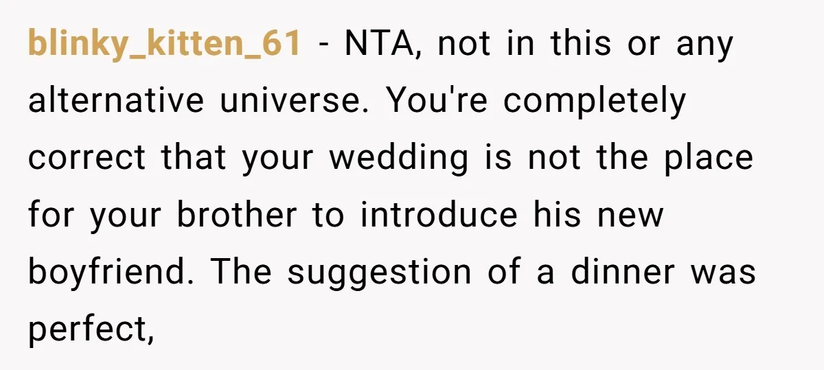 blinky_kitten_61 − NTA, not in this or any alternative universe. You're completely correct that your wedding is not the place for your brother to introduce his new boyfriend. The suggestion...