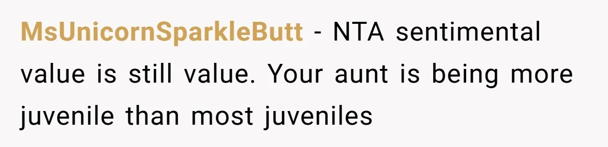 MsUnicornSparkleButt − NTA sentimental value is still value. Your aunt is being more juvenile than most juveniles