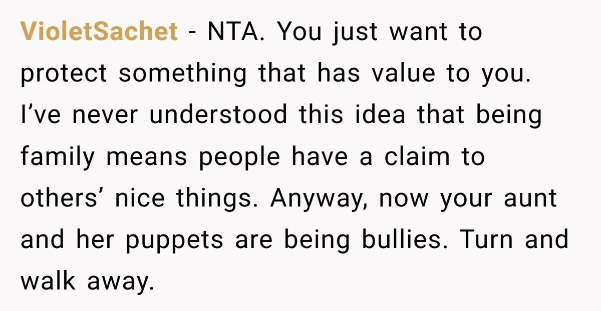 VioletSachet − NTA. You just want to protect something that has value to you. I’ve never understood this idea that being family means people have a claim to others’ nice...