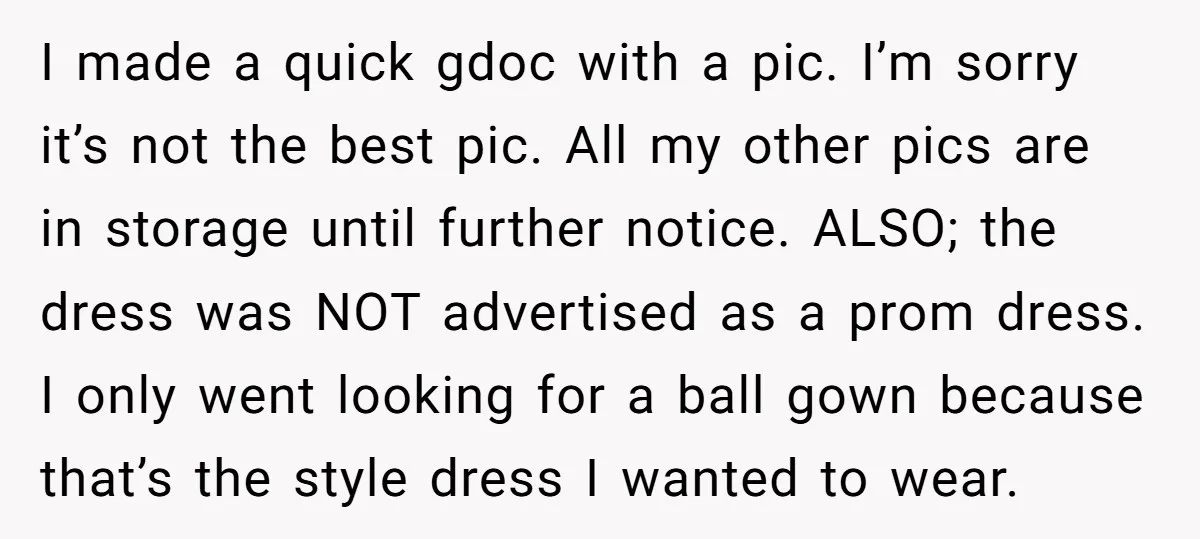 I made a quick gdoc with a pic. I’m sorry it’s not the best pic. All my other pics are in storage until further notice. ALSO; the dress was NOT...