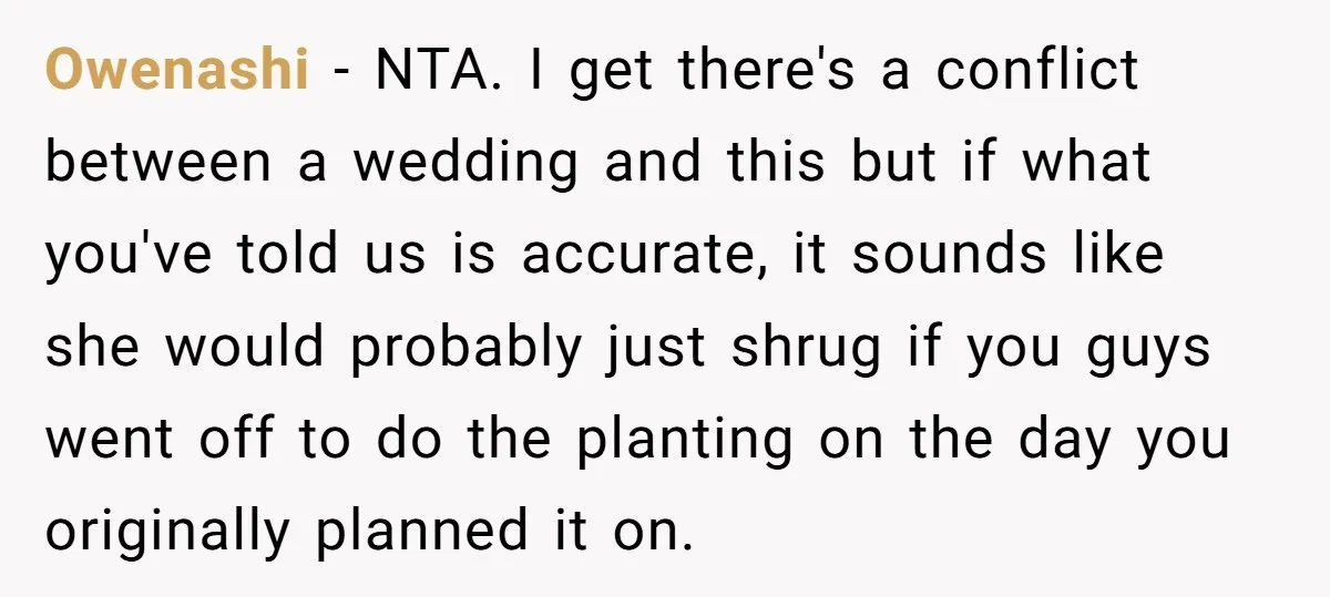 Owenashi - NTA. I get there's a conflict between a wedding and this but if what you've told us is accurate, it sounds like she would probably just shrug if...