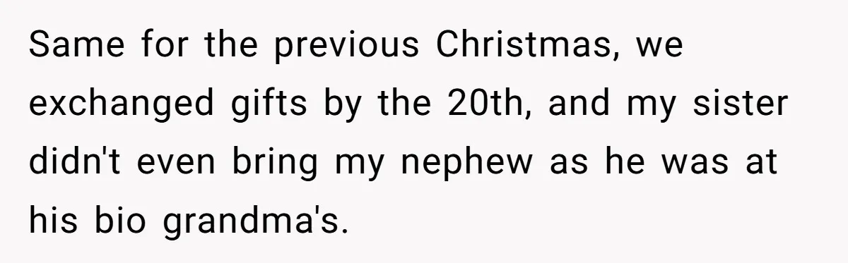 Same for the previous Christmas, we exchanged gifts by the 20th, and my sister didn't even bring my nephew as he was at his bio grandma's.