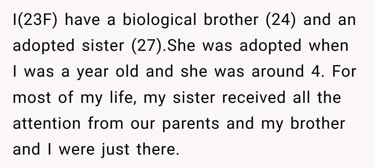 I(23F) have a biological brother (24) and an adopted sister (27).She was adopted when I was a year old and she was around 4. For most of my life, my...