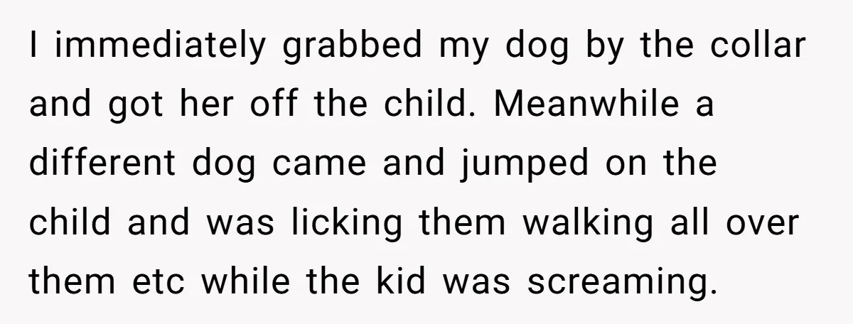 I immediately grabbed my dog by the collar and got her off the child. Meanwhile a different dog came and jumped on the child and was licking them walking all...