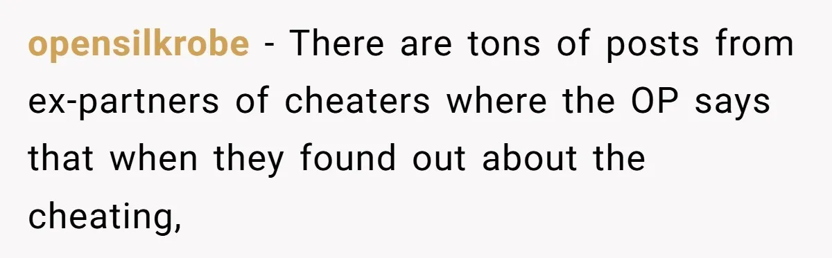 opensilkrobe − There are tons of posts from ex-partners of cheaters where the OP says that when they found out about the cheating,