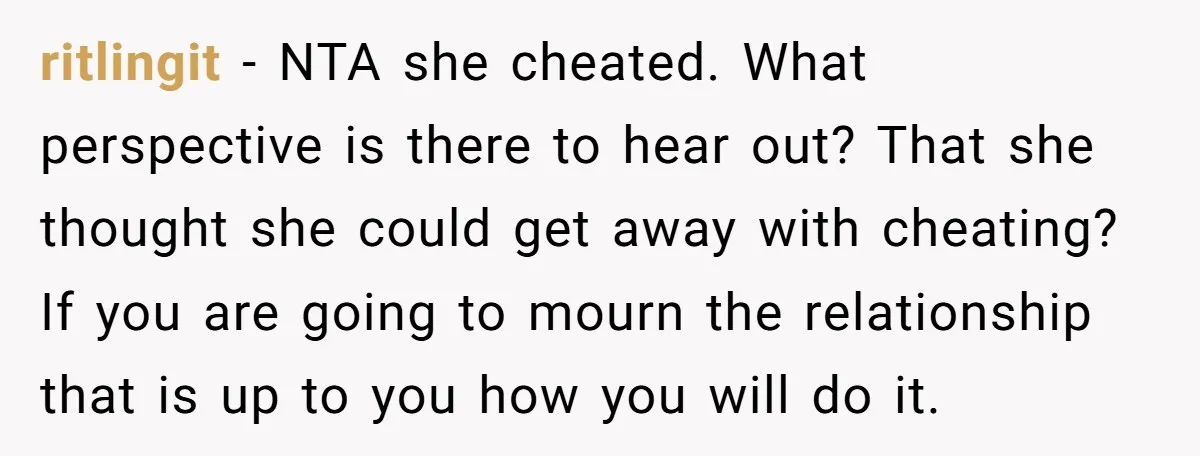 ritlingit − NTA she cheated. What perspective is there to hear out? That she thought she could get away with cheating? If you are going to mourn the relationship that...